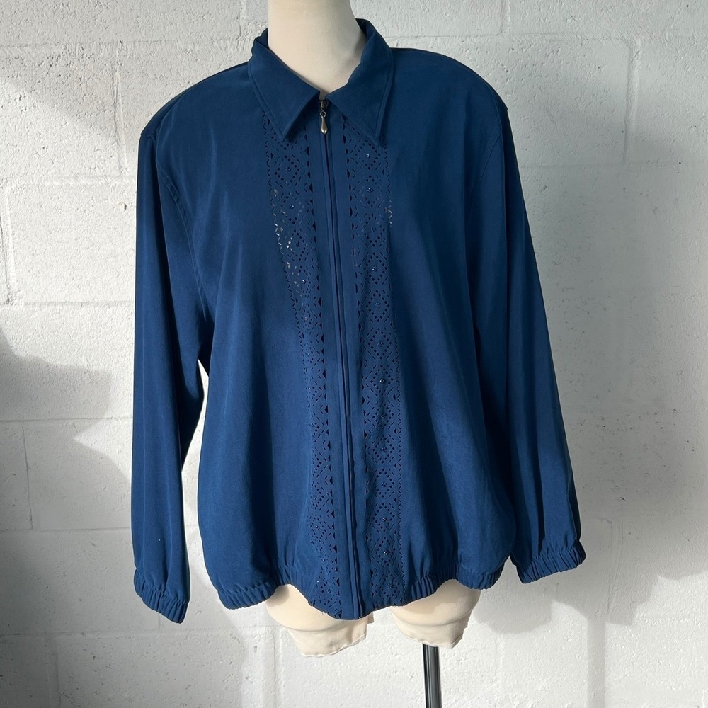 Alfred Dunner Womens Jacket Eyelet Beaded Zip Front Navy Blue Plus Size 2XL